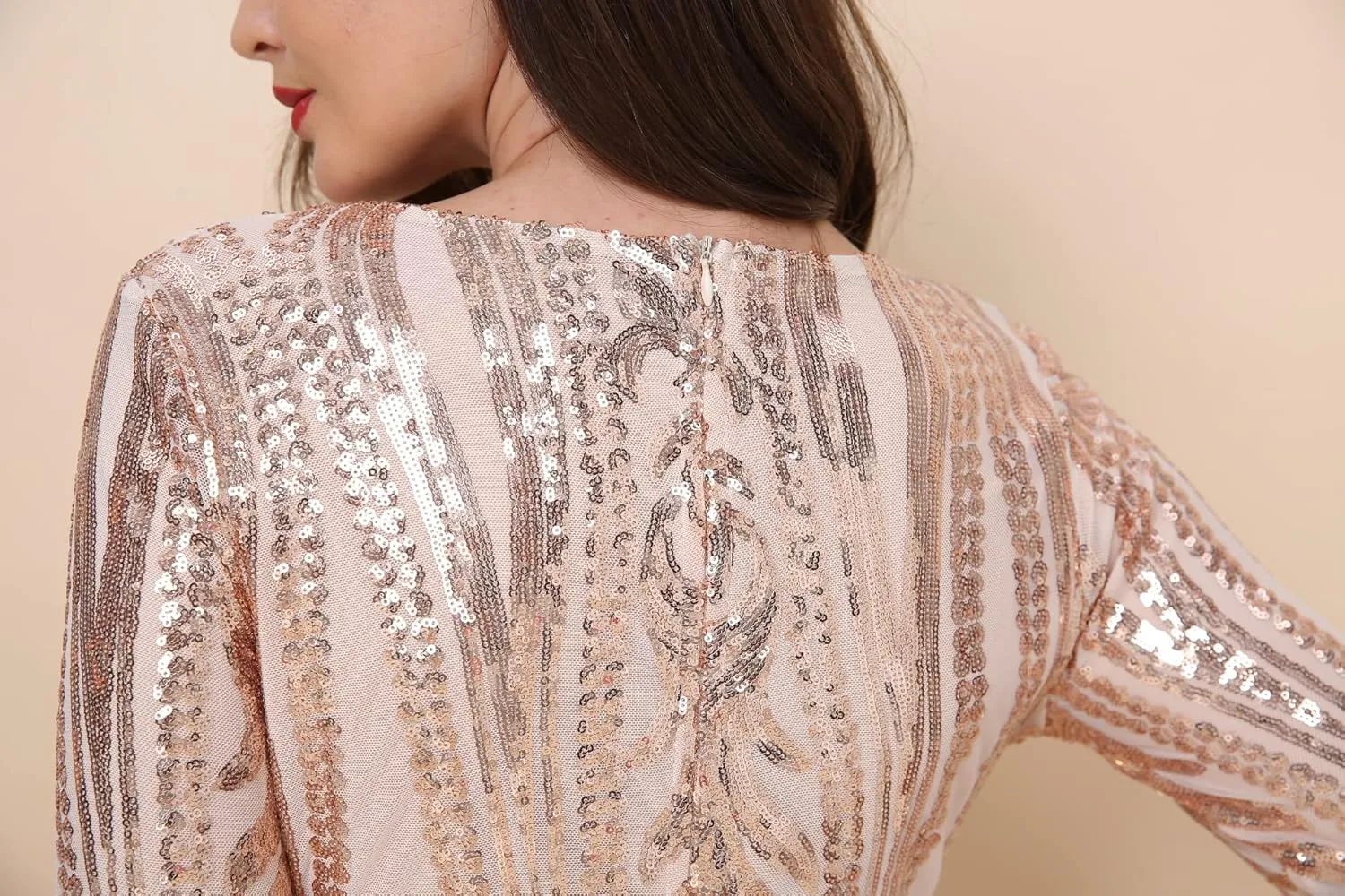 Women Evening Dress Sequin Long Sleeve Mermaid Crew Neck Cocktail Dress