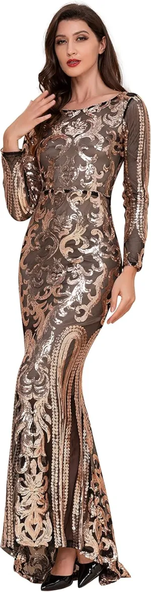 Women Evening Dress Sequin Long Sleeve Mermaid Crew Neck Cocktail Dress