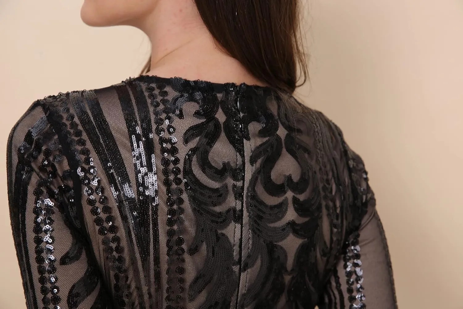 Women Evening Dress Sequin Long Sleeve Mermaid Crew Neck Cocktail Dress