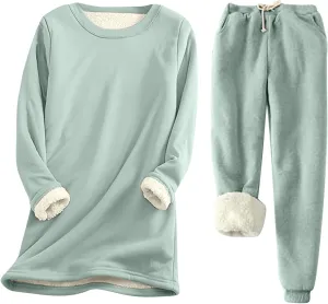 Women Fleece Warm Outfits Sherpa Lined Pajamas Set Soft Thermal Loungewear Fuzzy Tops Pajama Pants Winter Loungewear