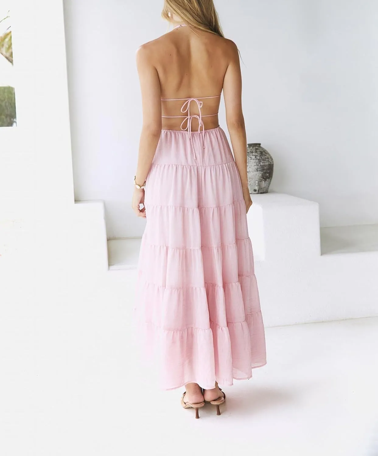 Women Halter Flowy Vacation Long Dress Sexy Sheer Ruched Backless Dress Y2k Sleeveless Beach Tiered Maxi Sundresses