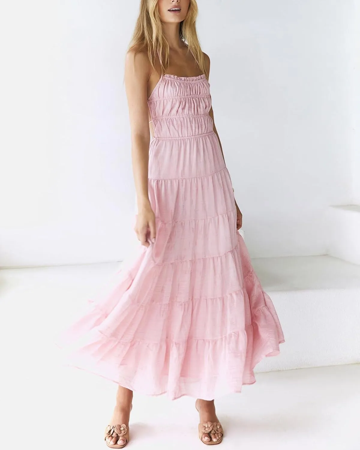 Women Halter Flowy Vacation Long Dress Sexy Sheer Ruched Backless Dress Y2k Sleeveless Beach Tiered Maxi Sundresses
