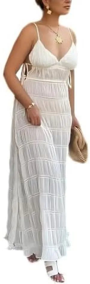 Women Halter Flowy Vacation Long Dress Sexy Sheer Ruched Backless Dress Y2k Sleeveless Beach Tiered Maxi Sundresses
