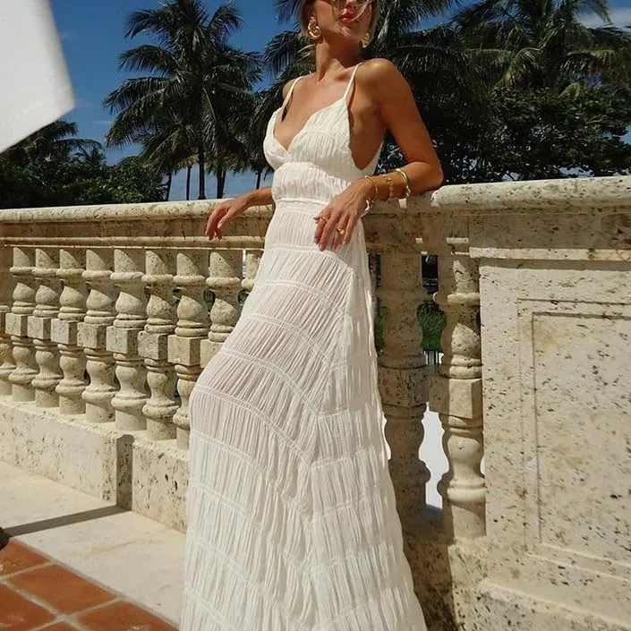 Women Halter Flowy Vacation Long Dress Sexy Sheer Ruched Backless Dress Y2k Sleeveless Beach Tiered Maxi Sundresses