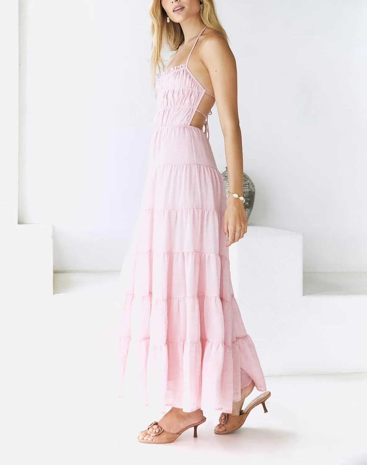 Women Halter Flowy Vacation Long Dress Sexy Sheer Ruched Backless Dress Y2k Sleeveless Beach Tiered Maxi Sundresses