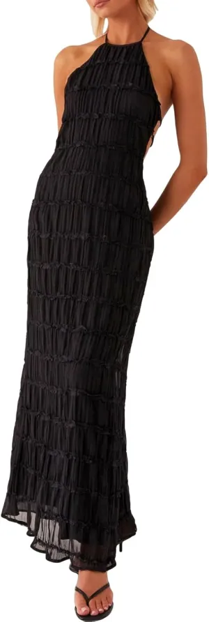 Women Halter Flowy Vacation Long Dress Sexy Sheer Ruched Backless Dress Y2k Sleeveless Beach Tiered Maxi Sundresses