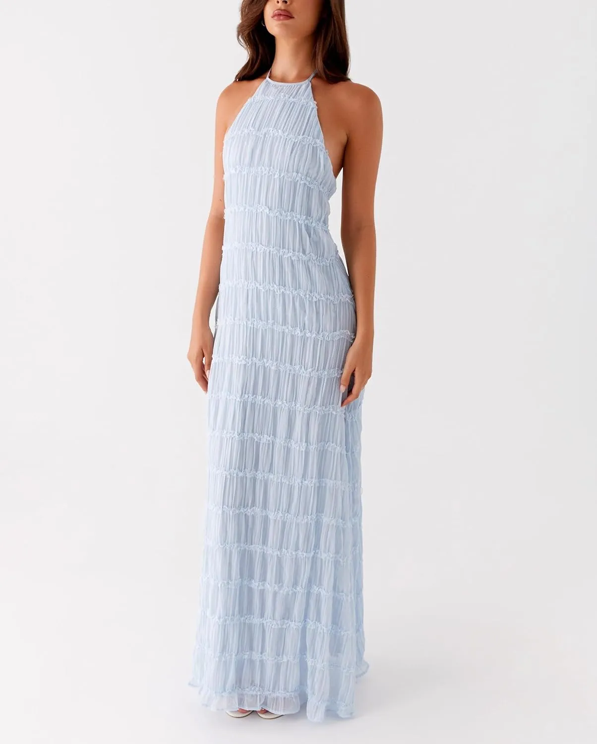 Women Halter Flowy Vacation Long Dress Sexy Sheer Ruched Backless Dress Y2k Sleeveless Beach Tiered Maxi Sundresses