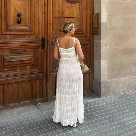 Women Halter Flowy Vacation Long Dress Sexy Sheer Ruched Backless Dress Y2k Sleeveless Beach Tiered Maxi Sundresses