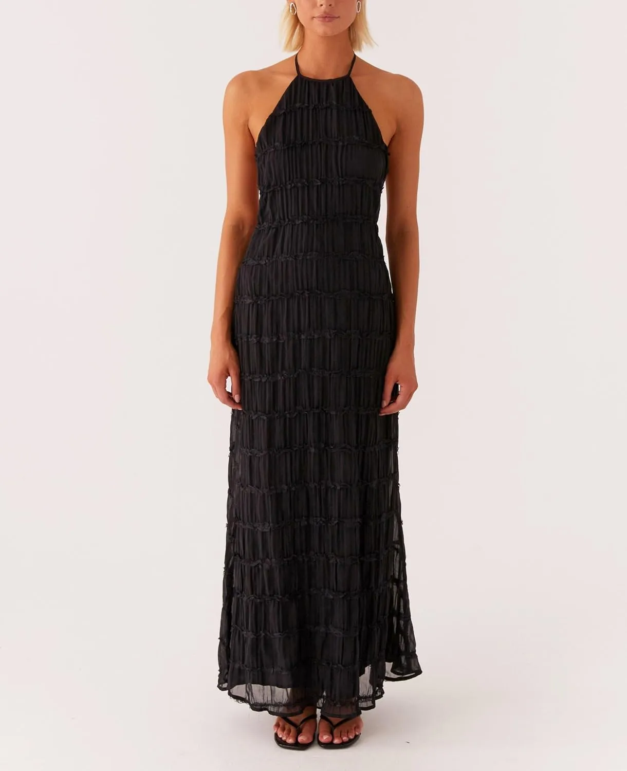 Women Halter Flowy Vacation Long Dress Sexy Sheer Ruched Backless Dress Y2k Sleeveless Beach Tiered Maxi Sundresses