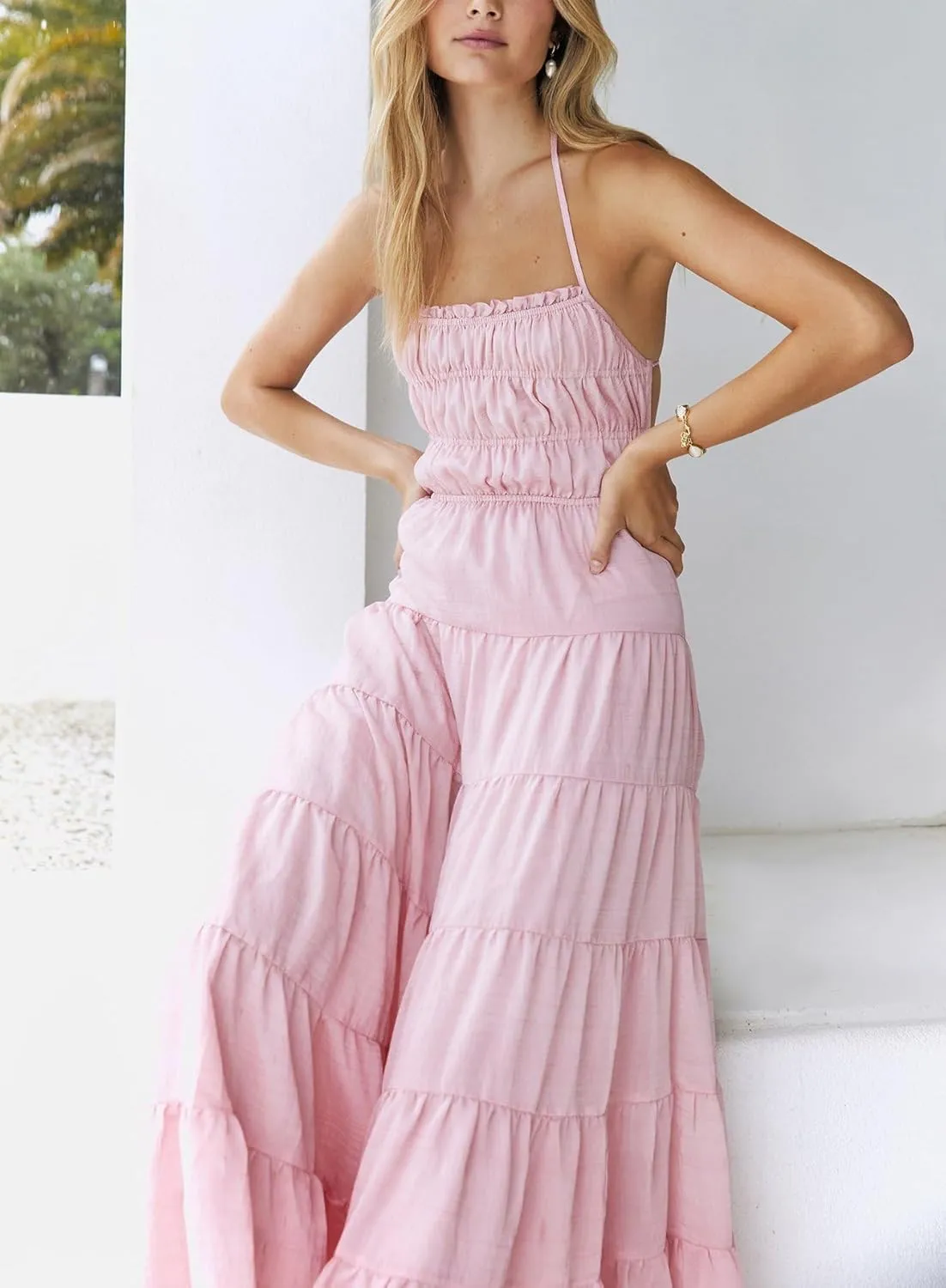 Women Halter Flowy Vacation Long Dress Sexy Sheer Ruched Backless Dress Y2k Sleeveless Beach Tiered Maxi Sundresses