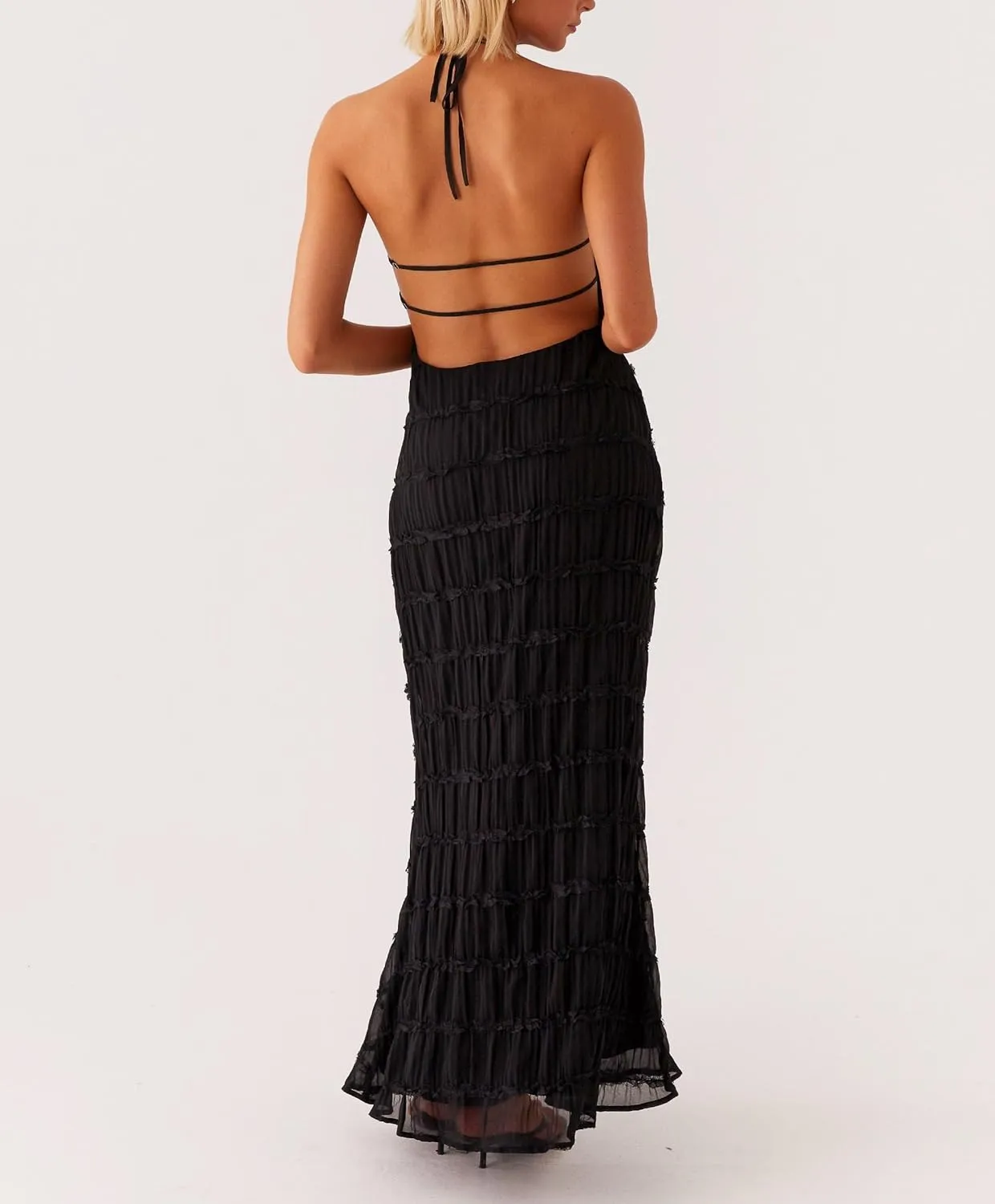 Women Halter Flowy Vacation Long Dress Sexy Sheer Ruched Backless Dress Y2k Sleeveless Beach Tiered Maxi Sundresses