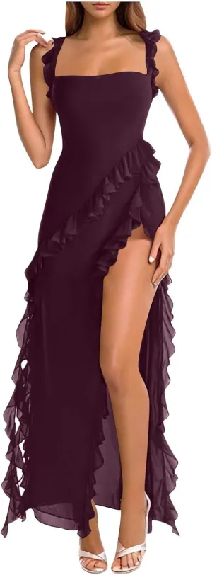 Women High Slit Ruffle Bodycon Maxi Dresses Wide Strap Square Neck Backless Evening Party Dress 2025 Fashion Clothes