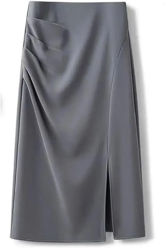 Women Mid-Length High Waist Slim Pleated A-Line Skirt with Slit Suit Skirt