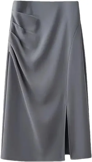 Women Mid-Length High Waist Slim Pleated A-Line Skirt with Slit Suit Skirt