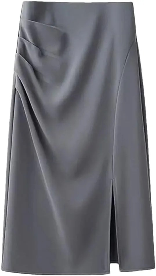 Women Mid-Length High Waist Slim Pleated A-Line Skirt with Slit Suit Skirt