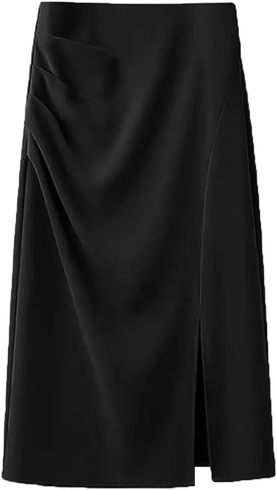 Women Mid-Length High Waist Slim Pleated A-Line Skirt with Slit Suit Skirt