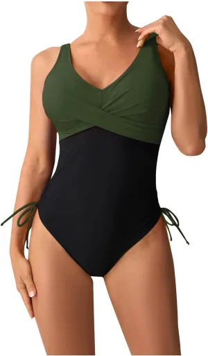 Women One Piece Bathing Suit Trendy Colorblock Tummy Control Swimsuits Slimming Criss Cross Modest Swim Suits 2025