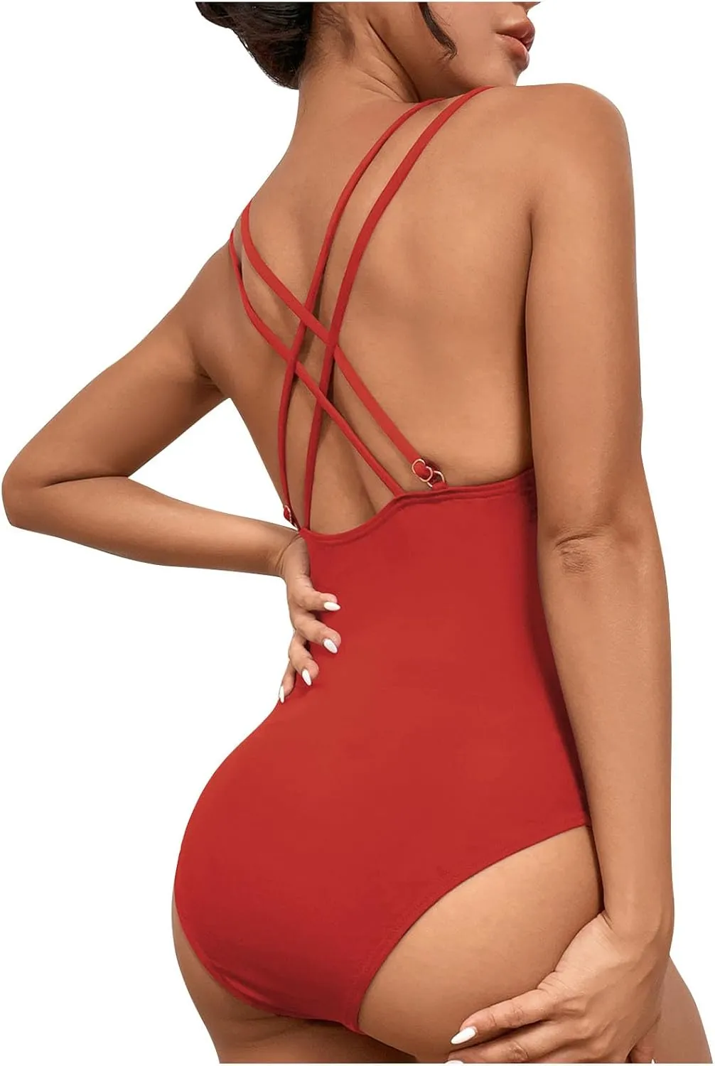 Women One Piece Full Coverage Swimsuit Sexy V Neck High Waisted Tummy Control Swimsuits Crisscross Back Bathing Suit