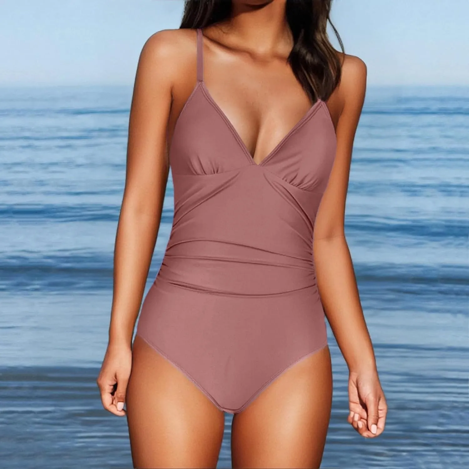 Women One Piece Swimsuits Ruched V Neck Modest Tummy Control Bathing Suit Backless Slimming Swimwear Swim Suit