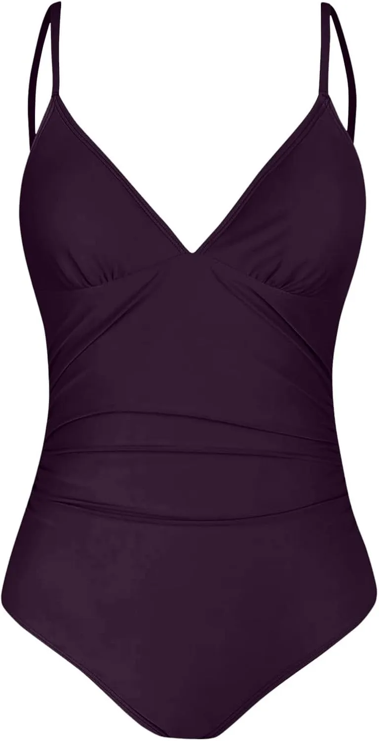 Women One Piece Swimsuits Ruched V Neck Modest Tummy Control Bathing Suit Backless Slimming Swimwear Swim Suit