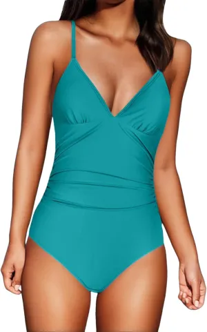 Women One Piece Swimsuits Ruched V Neck Modest Tummy Control Bathing Suit Backless Slimming Swimwear Swim Suit