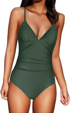 Women One Piece Swimsuits Ruched V Neck Modest Tummy Control Bathing Suit Backless Slimming Swimwear Swim Suit