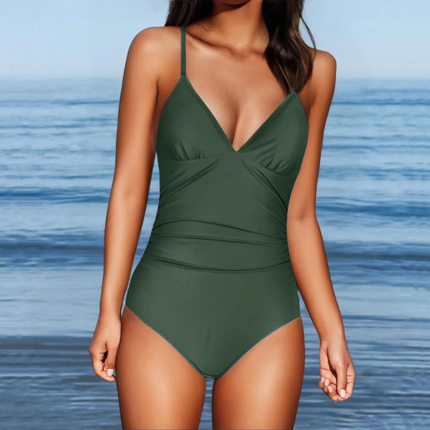Women One Piece Swimsuits Ruched V Neck Modest Tummy Control Bathing Suit Backless Slimming Swimwear Swim Suit