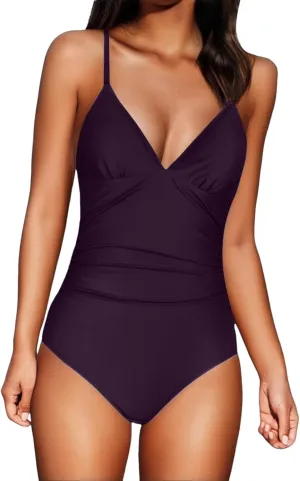 Women One Piece Swimsuits Ruched V Neck Modest Tummy Control Bathing Suit Backless Slimming Swimwear Swim Suit