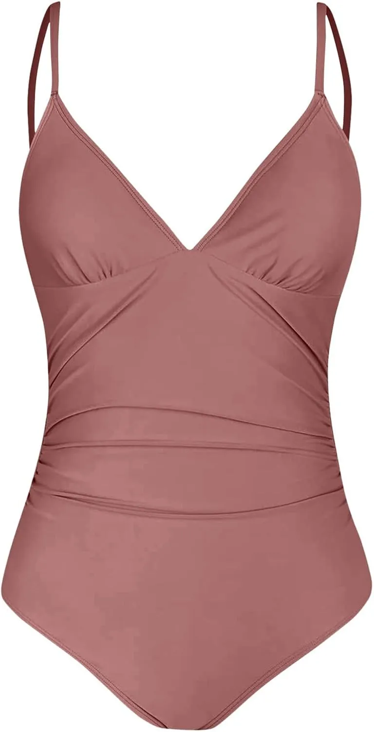 Women One Piece Swimsuits Ruched V Neck Modest Tummy Control Bathing Suit Backless Slimming Swimwear Swim Suit