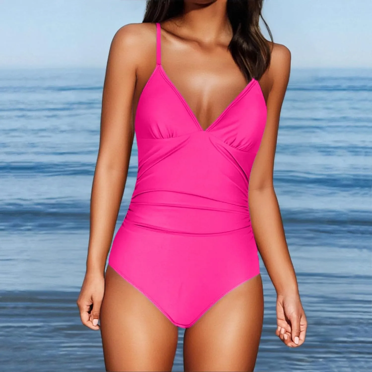 Women One Piece Swimsuits Ruched V Neck Modest Tummy Control Bathing Suit Backless Slimming Swimwear Swim Suit
