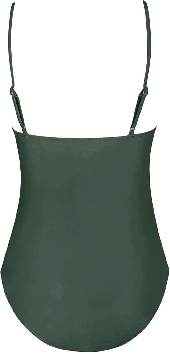 Women One Piece Swimsuits Ruched V Neck Modest Tummy Control Bathing Suit Backless Slimming Swimwear Swim Suit