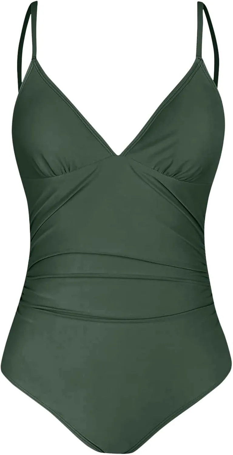 Women One Piece Swimsuits Ruched V Neck Modest Tummy Control Bathing Suit Backless Slimming Swimwear Swim Suit