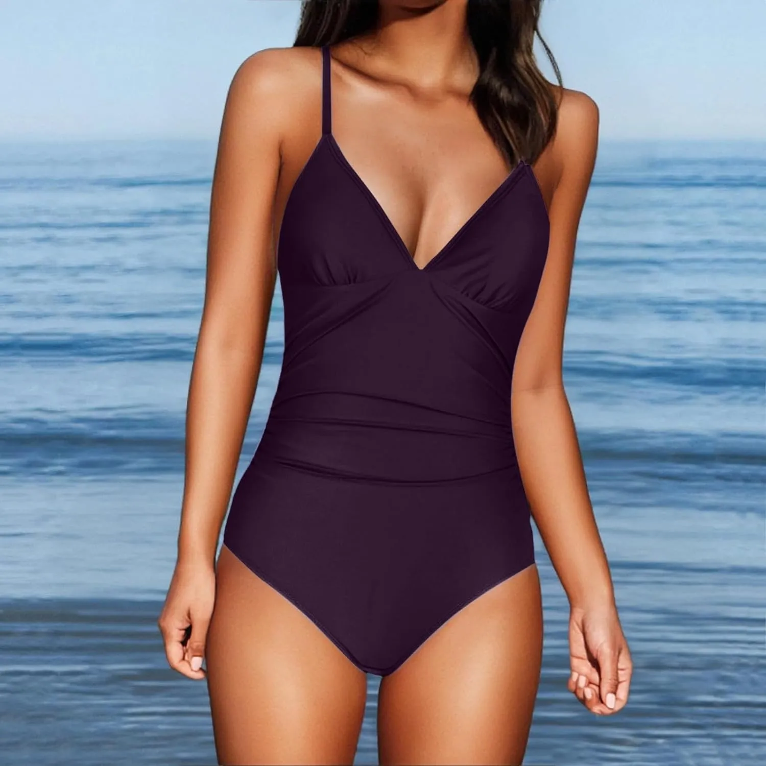 Women One Piece Swimsuits Ruched V Neck Modest Tummy Control Bathing Suit Backless Slimming Swimwear Swim Suit