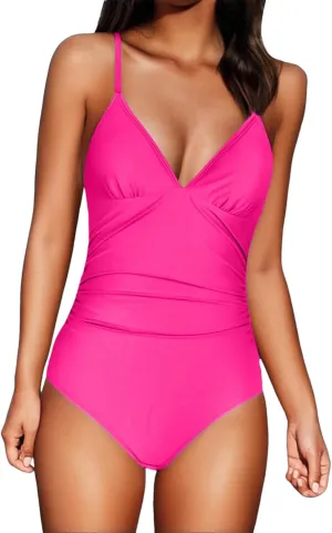 Women One Piece Swimsuits Ruched V Neck Modest Tummy Control Bathing Suit Backless Slimming Swimwear Swim Suit