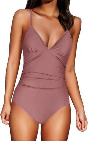 Women One Piece Swimsuits Ruched V Neck Modest Tummy Control Bathing Suit Backless Slimming Swimwear Swim Suit
