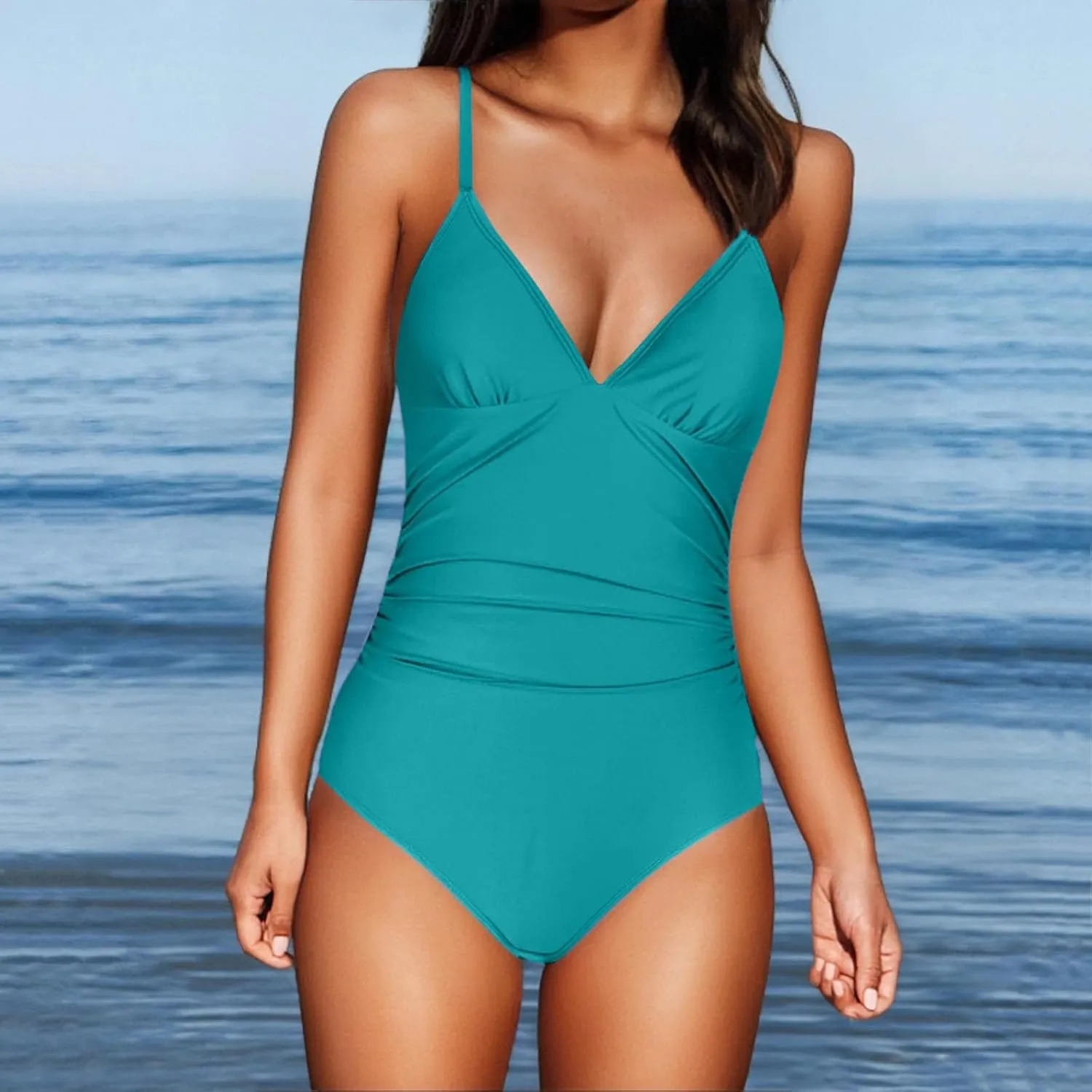 Women One Piece Swimsuits Ruched V Neck Modest Tummy Control Bathing Suit Backless Slimming Swimwear Swim Suit