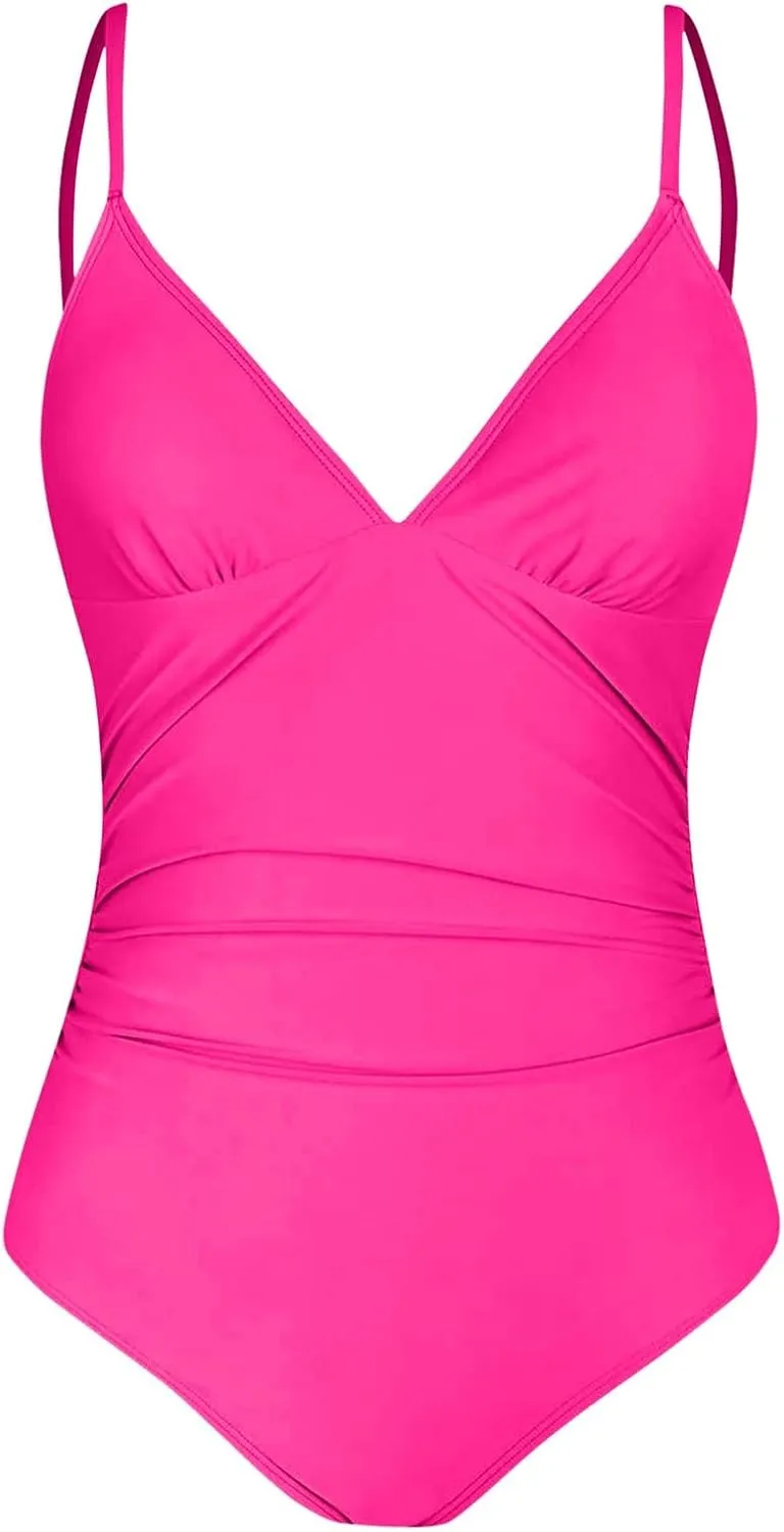 Women One Piece Swimsuits Ruched V Neck Modest Tummy Control Bathing Suit Backless Slimming Swimwear Swim Suit