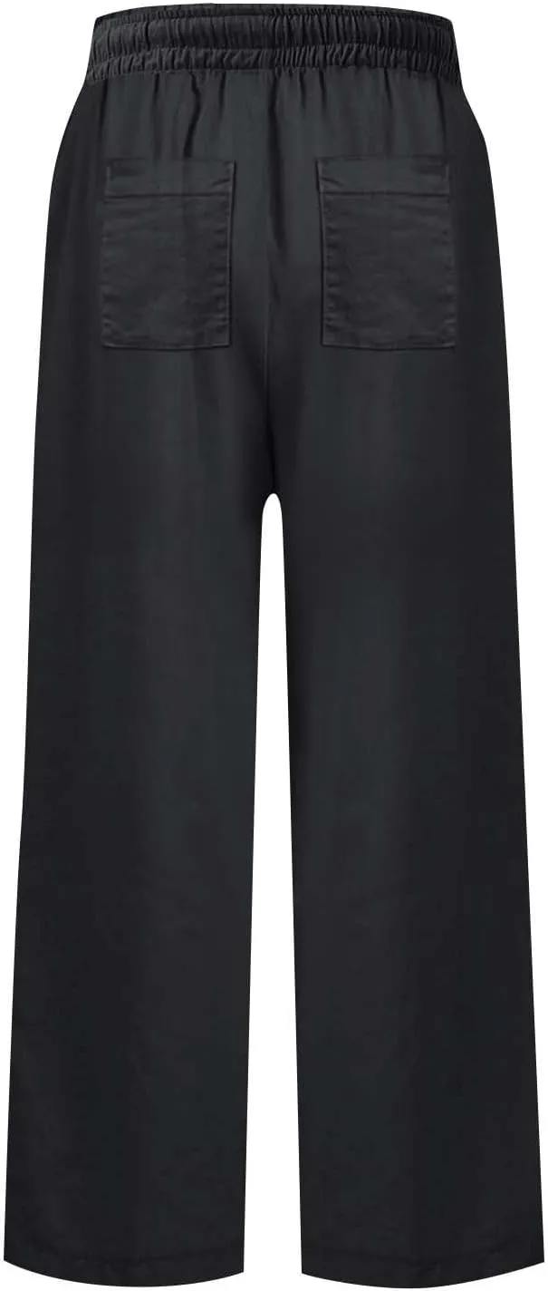 Women Pants Wide Leg Linen High Rise Summer Trendy Pants 2025 Elastic Flowy Palazzo with Pockets Solid Trouser Fashion