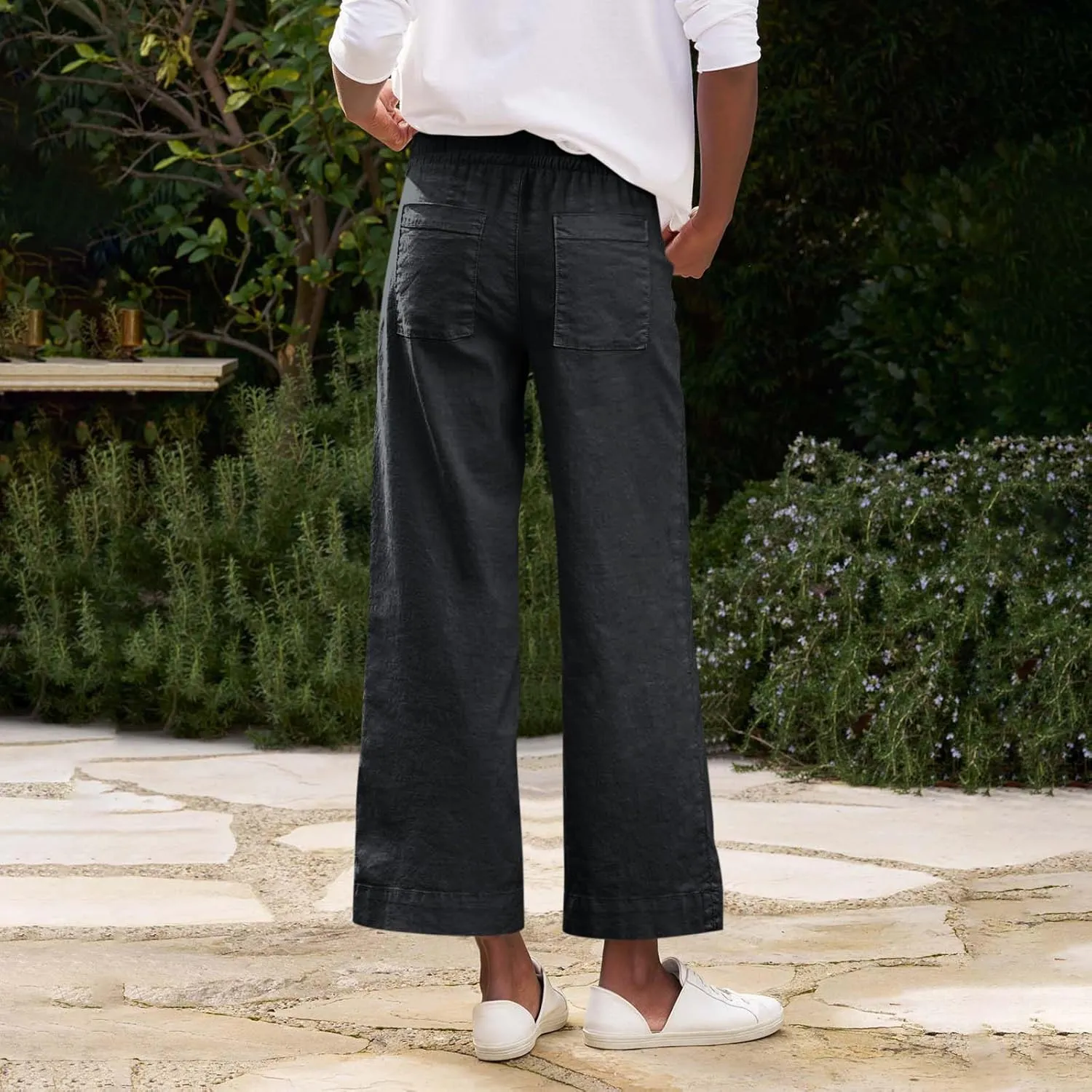 Women Pants Wide Leg Linen High Rise Summer Trendy Pants 2025 Elastic Flowy Palazzo with Pockets Solid Trouser Fashion