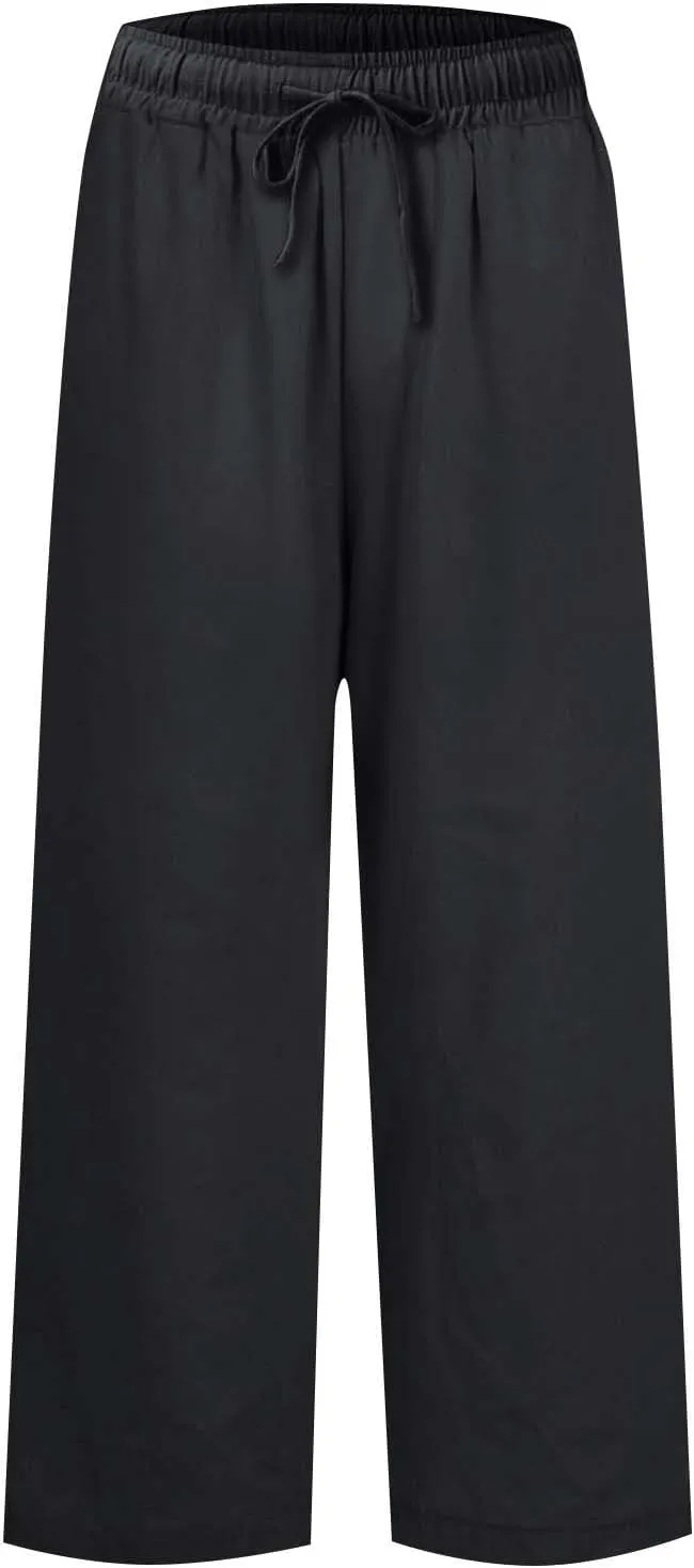 Women Pants Wide Leg Linen High Rise Summer Trendy Pants 2025 Elastic Flowy Palazzo with Pockets Solid Trouser Fashion