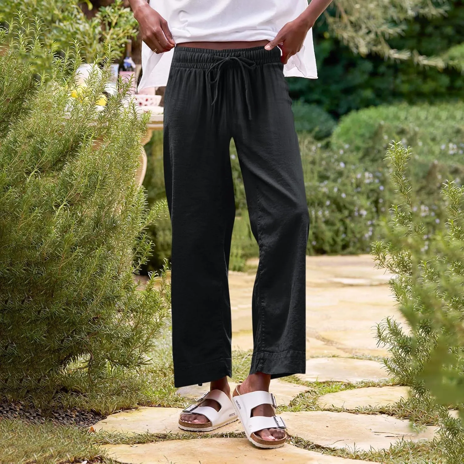 Women Pants Wide Leg Linen High Rise Summer Trendy Pants 2025 Elastic Flowy Palazzo with Pockets Solid Trouser Fashion