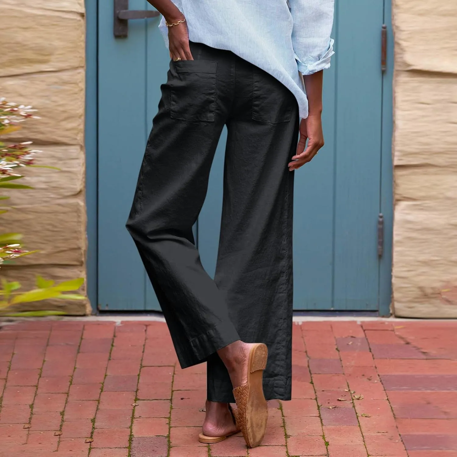 Women Pants Wide Leg Linen High Rise Summer Trendy Pants 2025 Elastic Flowy Palazzo with Pockets Solid Trouser Fashion