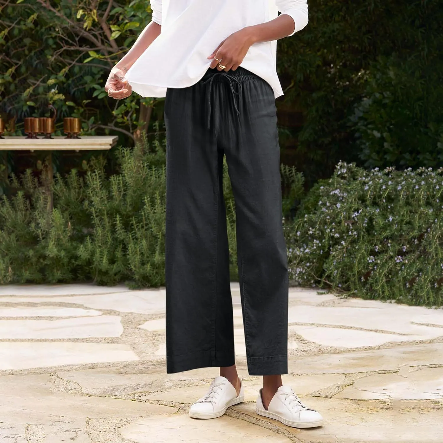 Women Pants Wide Leg Linen High Rise Summer Trendy Pants 2025 Elastic Flowy Palazzo with Pockets Solid Trouser Fashion