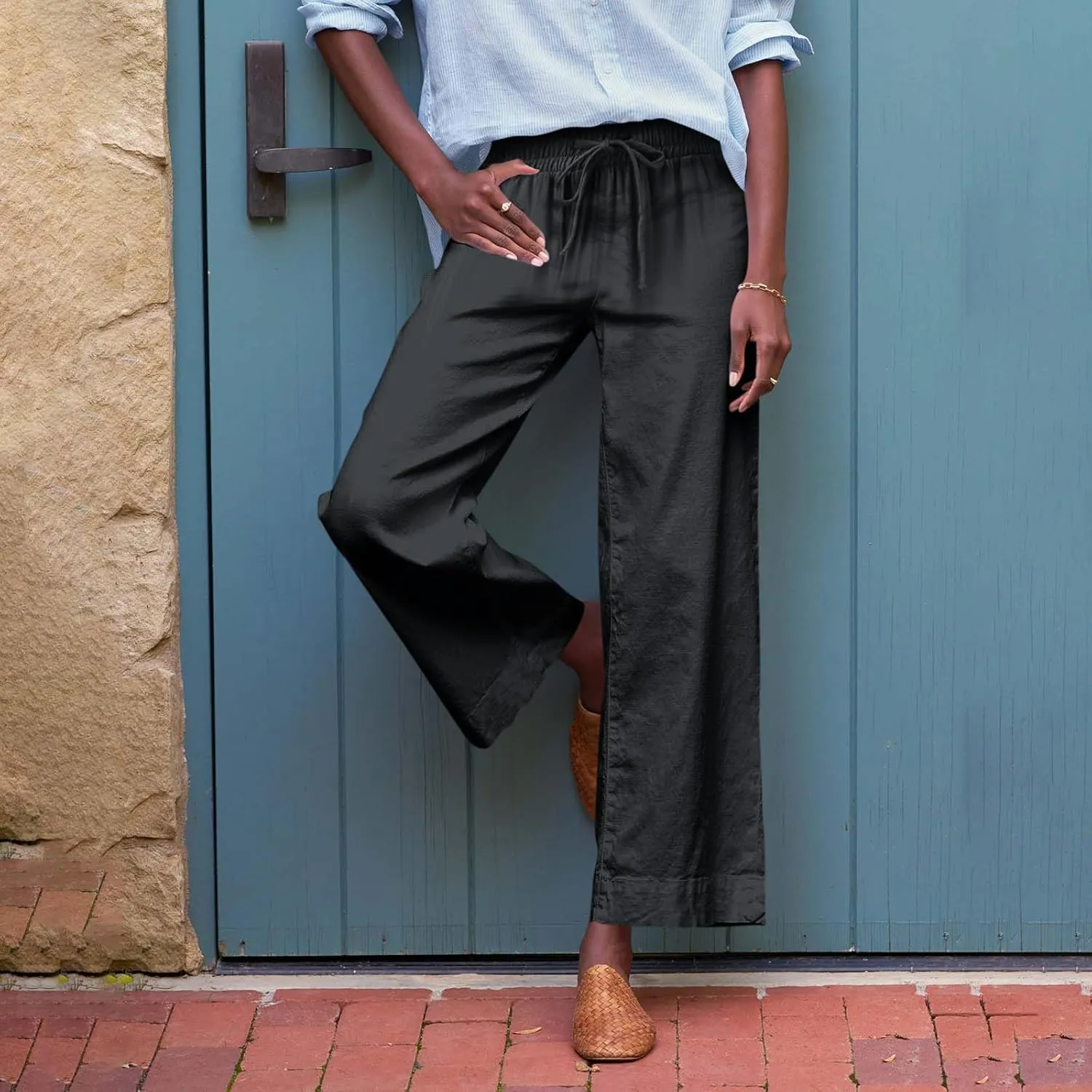 Women Pants Wide Leg Linen High Rise Summer Trendy Pants 2025 Elastic Flowy Palazzo with Pockets Solid Trouser Fashion