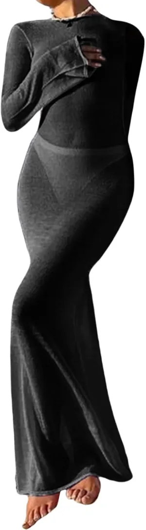 Women Sexy Backless See Through Maxi Dress Long Sleeve Crewneck Bodycon Dress Beach Party Club Long Dresses