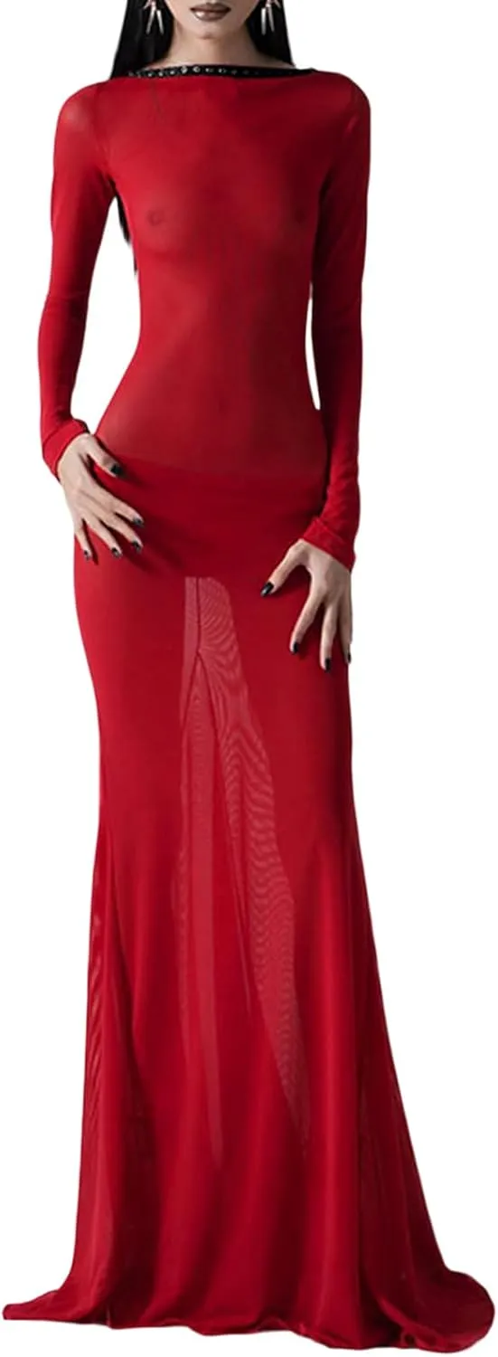 Women Sexy Backless See Through Maxi Dress Long Sleeve Crewneck Bodycon Dress Beach Party Club Long Dresses
