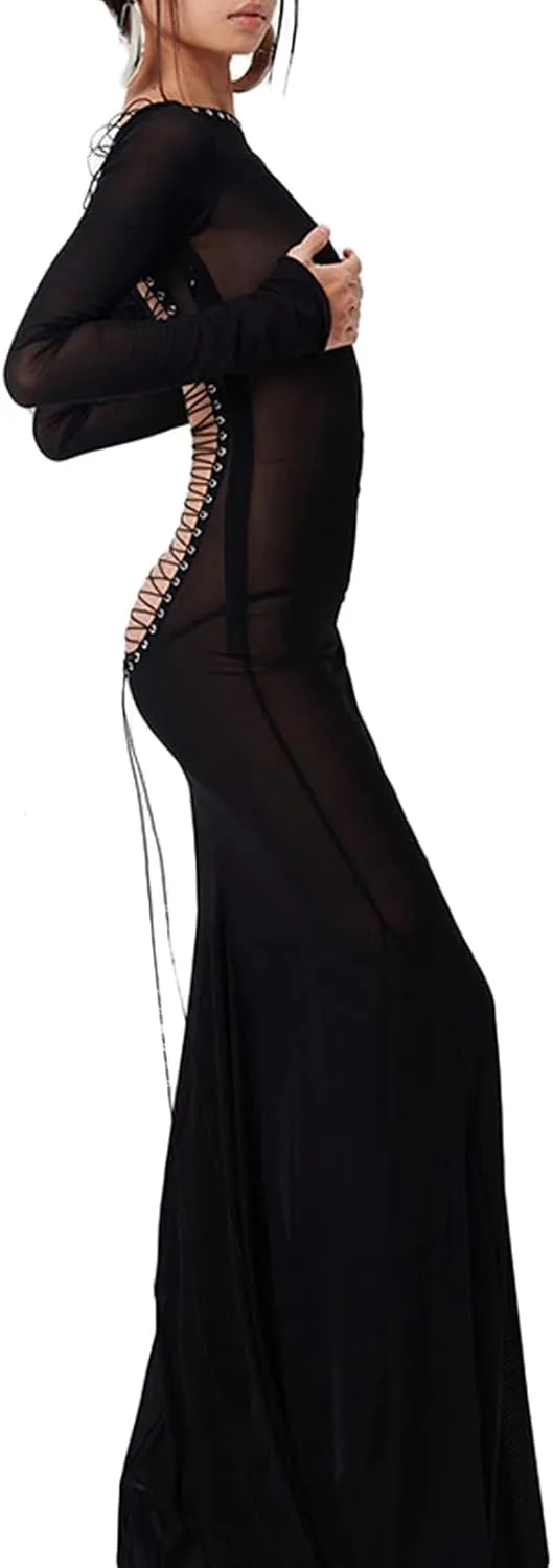 Women Sexy Backless See Through Maxi Dress Long Sleeve Crewneck Bodycon Dress Beach Party Club Long Dresses