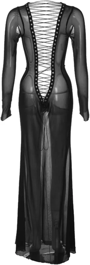 Women Sexy Backless See Through Maxi Dress Long Sleeve Crewneck Bodycon Dress Beach Party Club Long Dresses