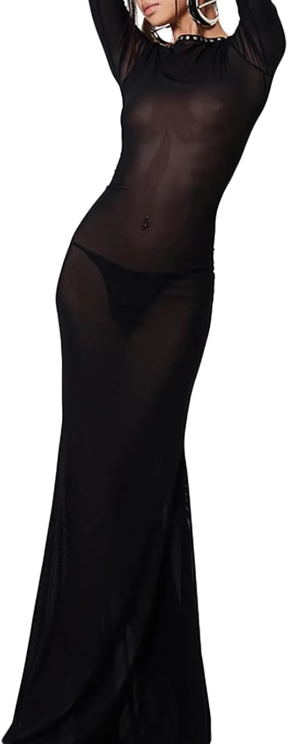 Women Sexy Backless See Through Maxi Dress Long Sleeve Crewneck Bodycon Dress Beach Party Club Long Dresses