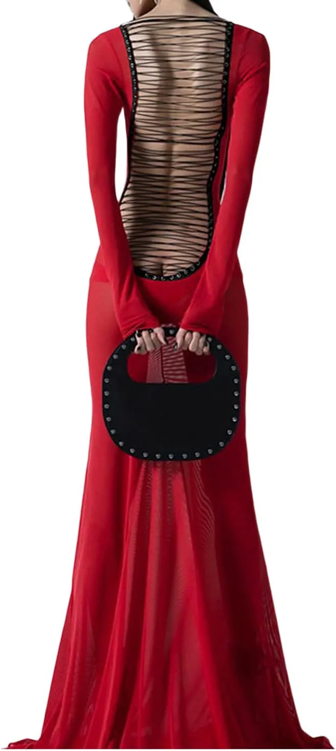 Women Sexy Backless See Through Maxi Dress Long Sleeve Crewneck Bodycon Dress Beach Party Club Long Dresses